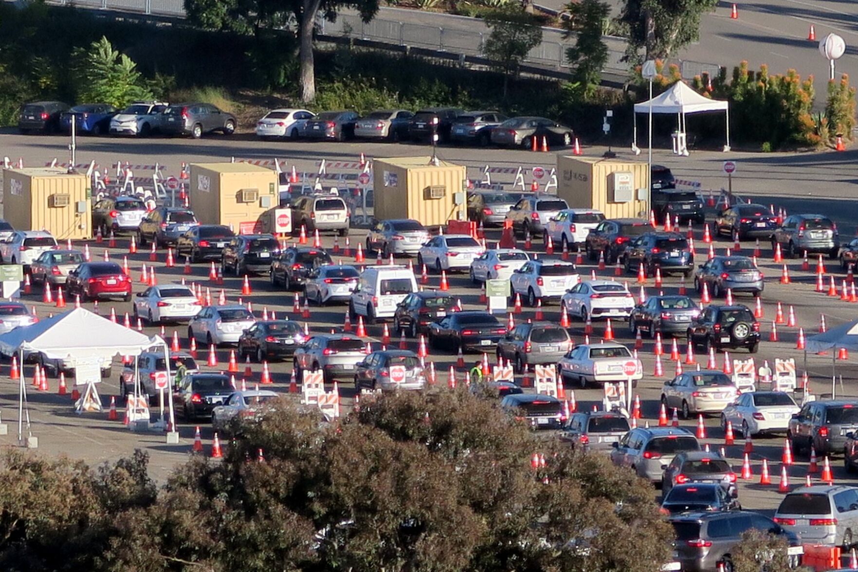 Lines inside the DOdger Stadium Covid-19 testing site